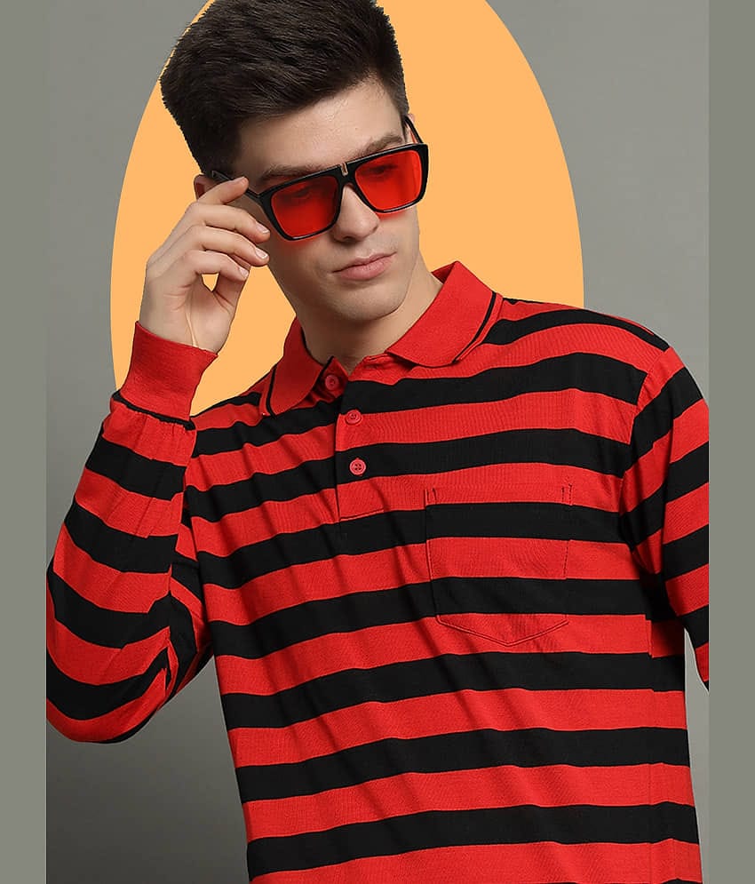 GET GOLF Pack of 1 Cotton Blend Regular Fit Striped Full Sleeves Men's Polo T Shirt ( Red )