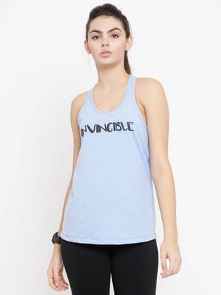 Invincible Women’s Athleisure Slogan Workout Tank Top-Blue / XL