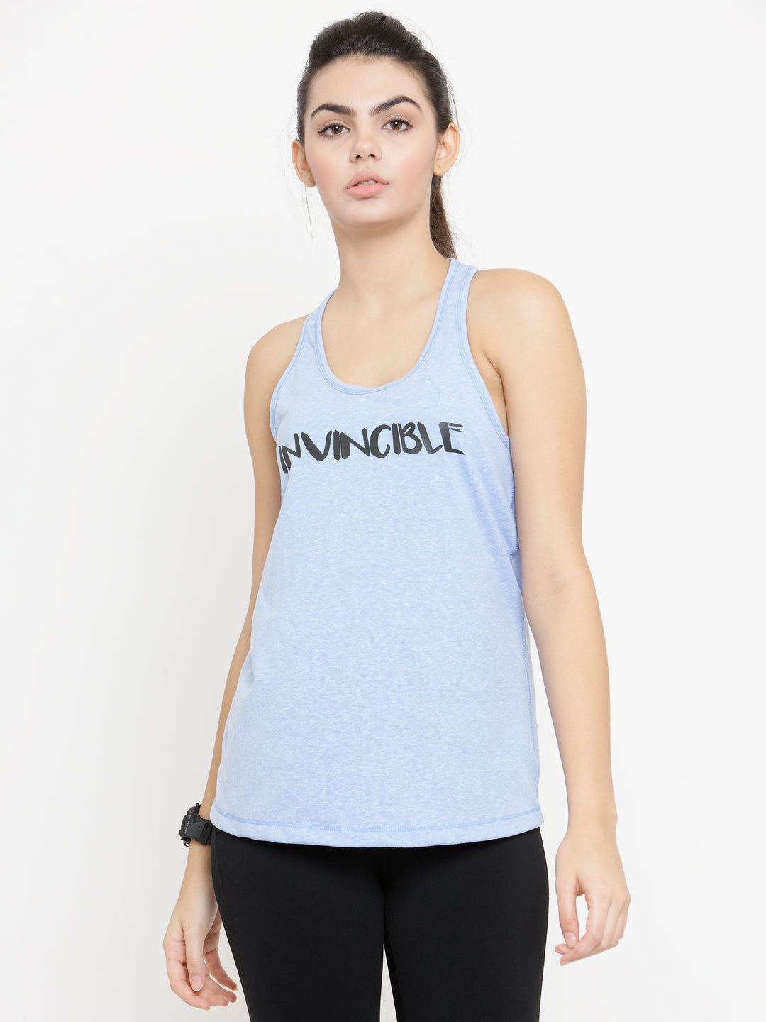 Invincible Women’s Athleisure Slogan Workout Tank Top-Blue / XL