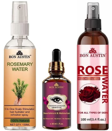 Bon Austin Natural Rosemary Water | Hair Spray For Regrowth (100ml), Eyebrow and Eyelash Growth Oil 30ML & Natural Rose Water 100ml - Set of 3 Items