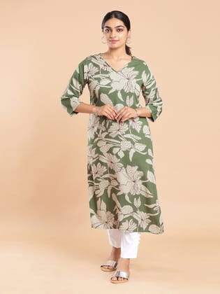 Kalyan Silks Floral Printed Olive Green Kurti Top