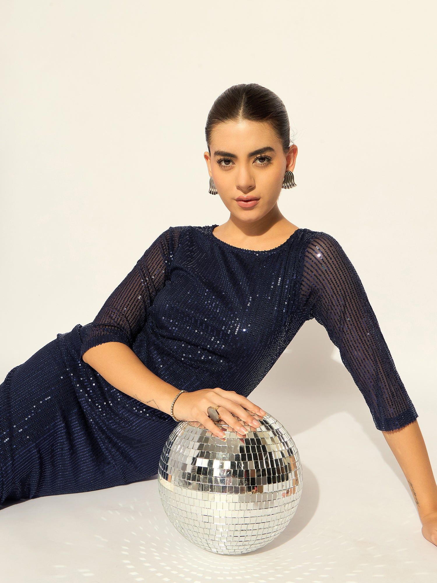 Stylish Navy Sequined Party Dress In Stretchable Fabric-5XL