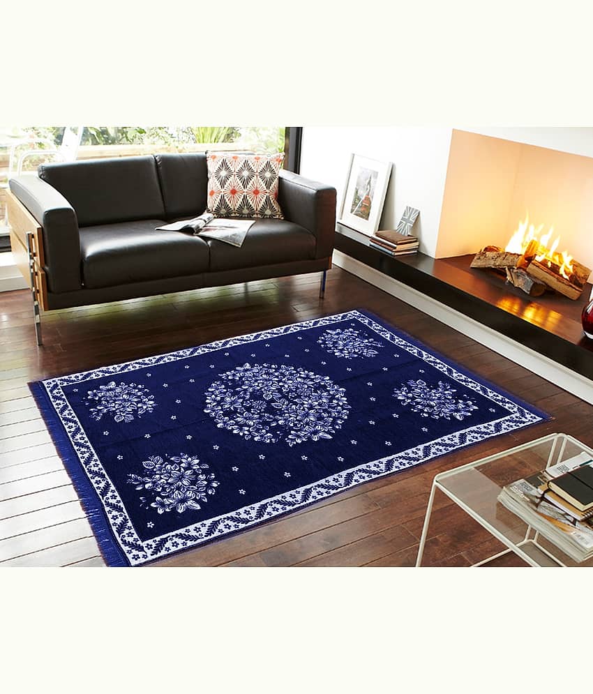 Aazeem Blue Velvet Dhurrie Carpet Abstract 5x7 Ft