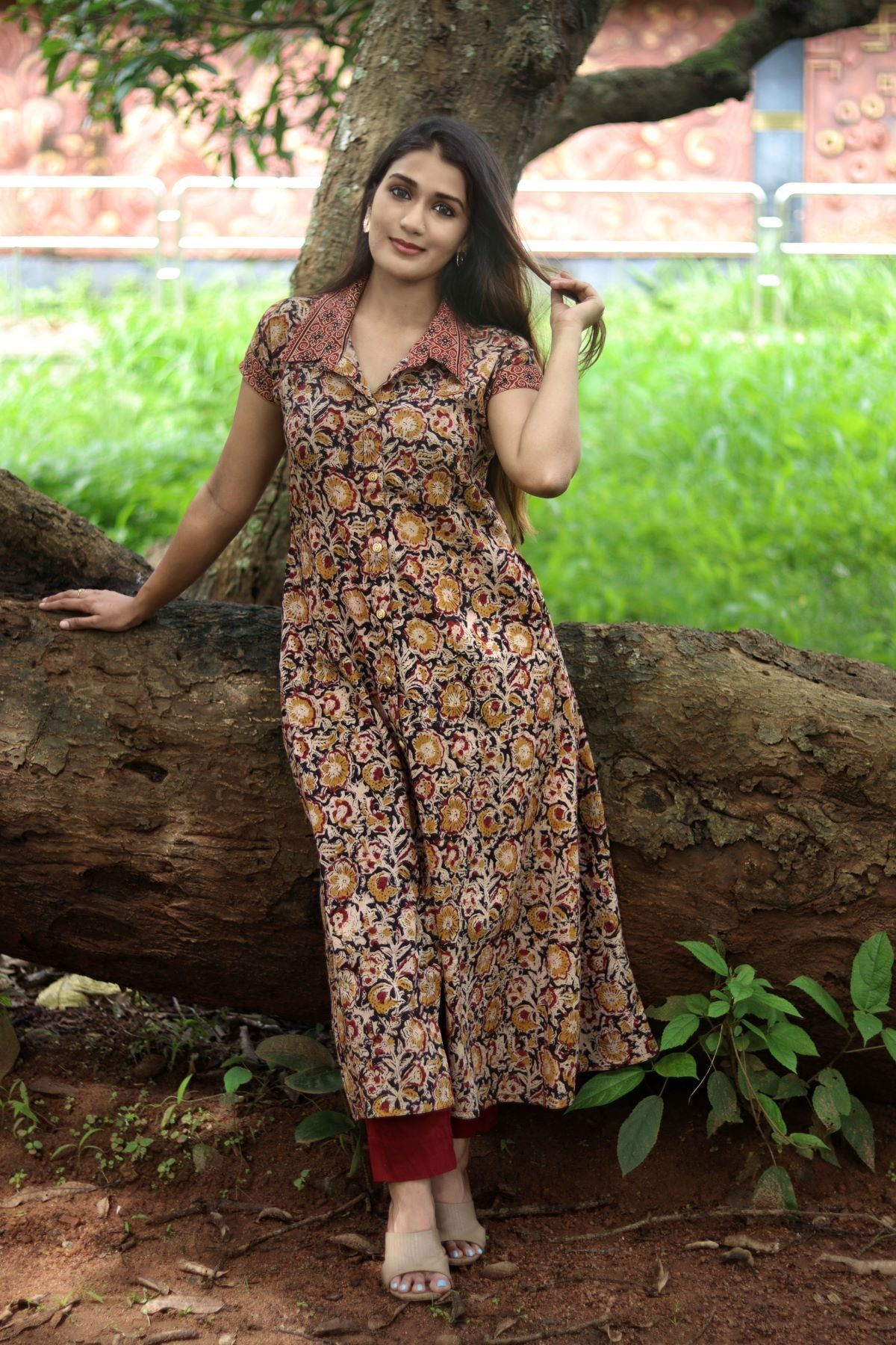 Kalamkari Cotton A line Shirt Collar Kurta with Wooden Button Details & Mega Sleeves, Black, KK1090-S