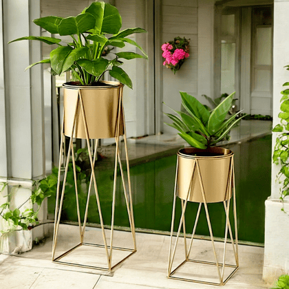 CLEO Plant Stand for Living Room | Metal Planters for Indoor Living | Planter Pots included (Set of 2 Flower Pots)-Gold