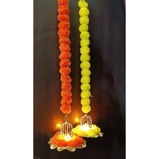 antiq world Marigold Floral Wall Hangings With Cage LED Light, Candle Tlights Holder for Ganesh Utsav Diwali Wedding Hal