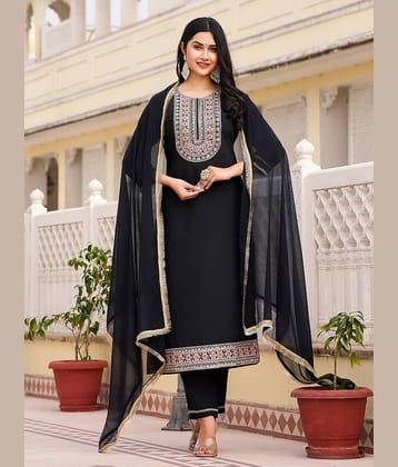 VIBEVISION Cotton Blend Embroidered Kurti With Pants Women's Stitched Salwar Suit - Black ( Pack of 1 )