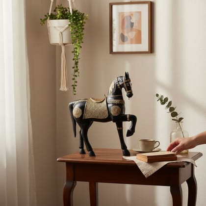 Black Colored Coated, Designed Brass Fitted Antique Wooden Furniture Horse