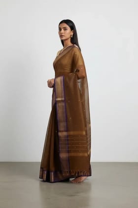 Handwoven Kanchipuram Cotton-Silk Saree in Coffee Brown with Zari Buttas