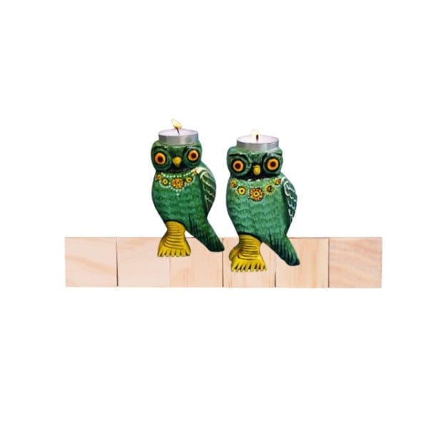 Wooden Colourful Tealight Candle Holders Owl Green (Set of 2)