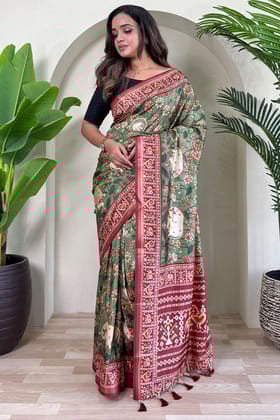 Hazel Green Digital Printed Pure Viscose Dola Silk Saree