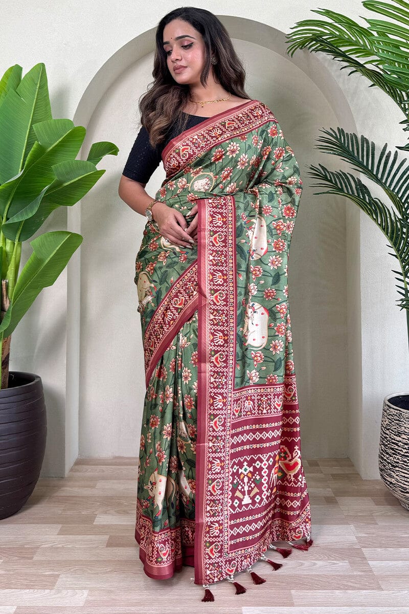 Hazel Green Digital Printed Pure Viscose Dola Silk Saree