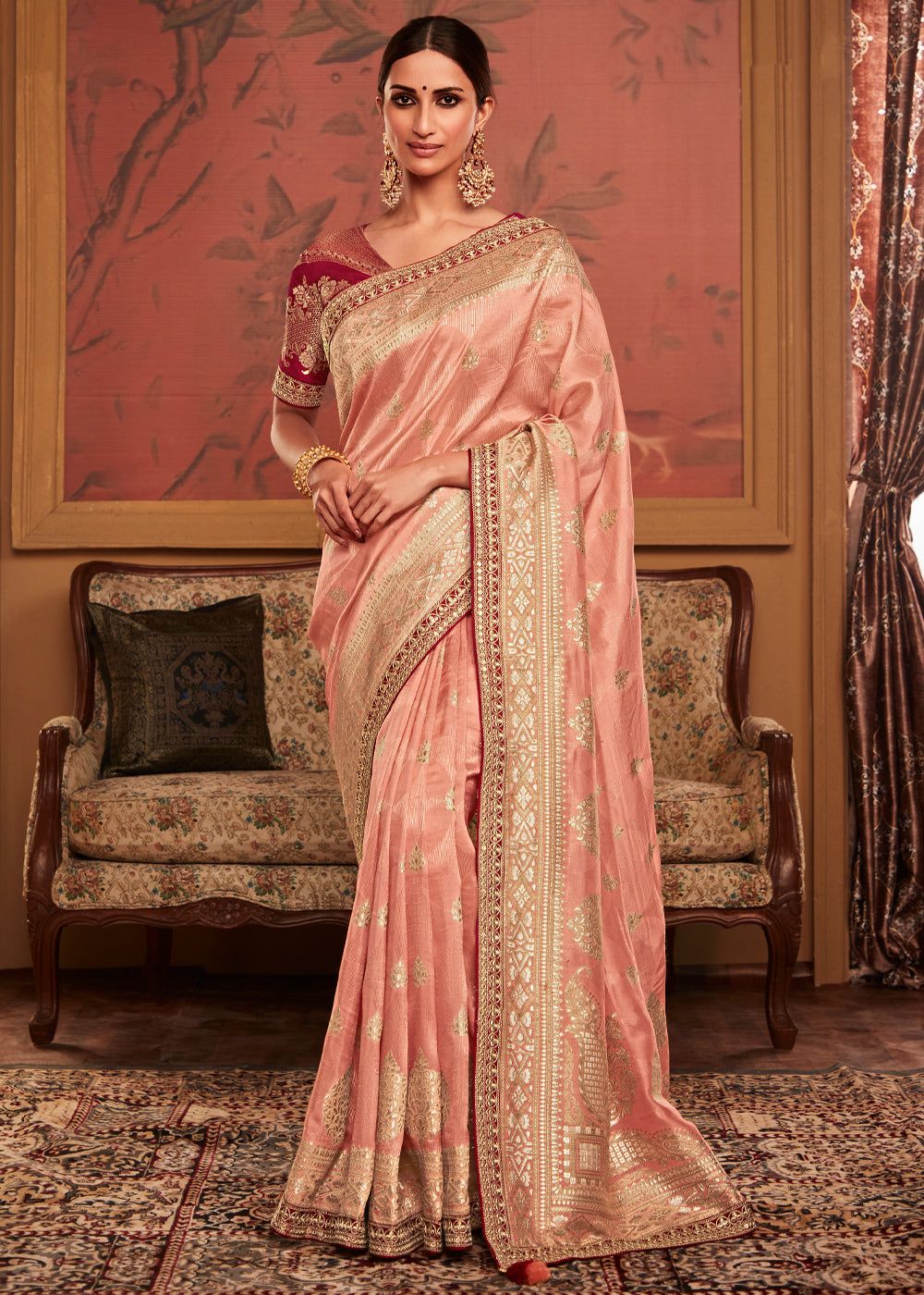 Peach Pink Woven Banarasi Designer Silk Saree With Embroidered Blouse