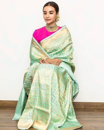 Light Green Soft Silk Banarasi Jacquard Cotton Saree