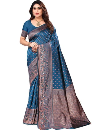 Sidhidata Banarasi Silk Self Design Saree With Blouse Piece - SkyBlue ( Pack of 1 )