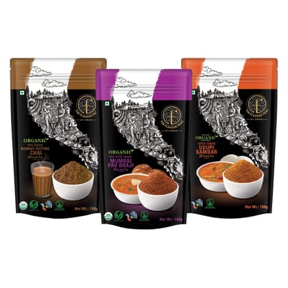 The Flavour Trail Indian Food Spice Combo - Organic - Bombay Cutting Chai Masala, Mumbai Pav Bhaji Masala, Made with Organic Ingredients Udupi Sambar Masala, 100gms Each| Organically Farmed