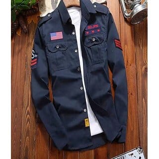 Fashlook Printed Curved Collar Regular Fit Cotton Blend Casual Navy Shirt For Mens