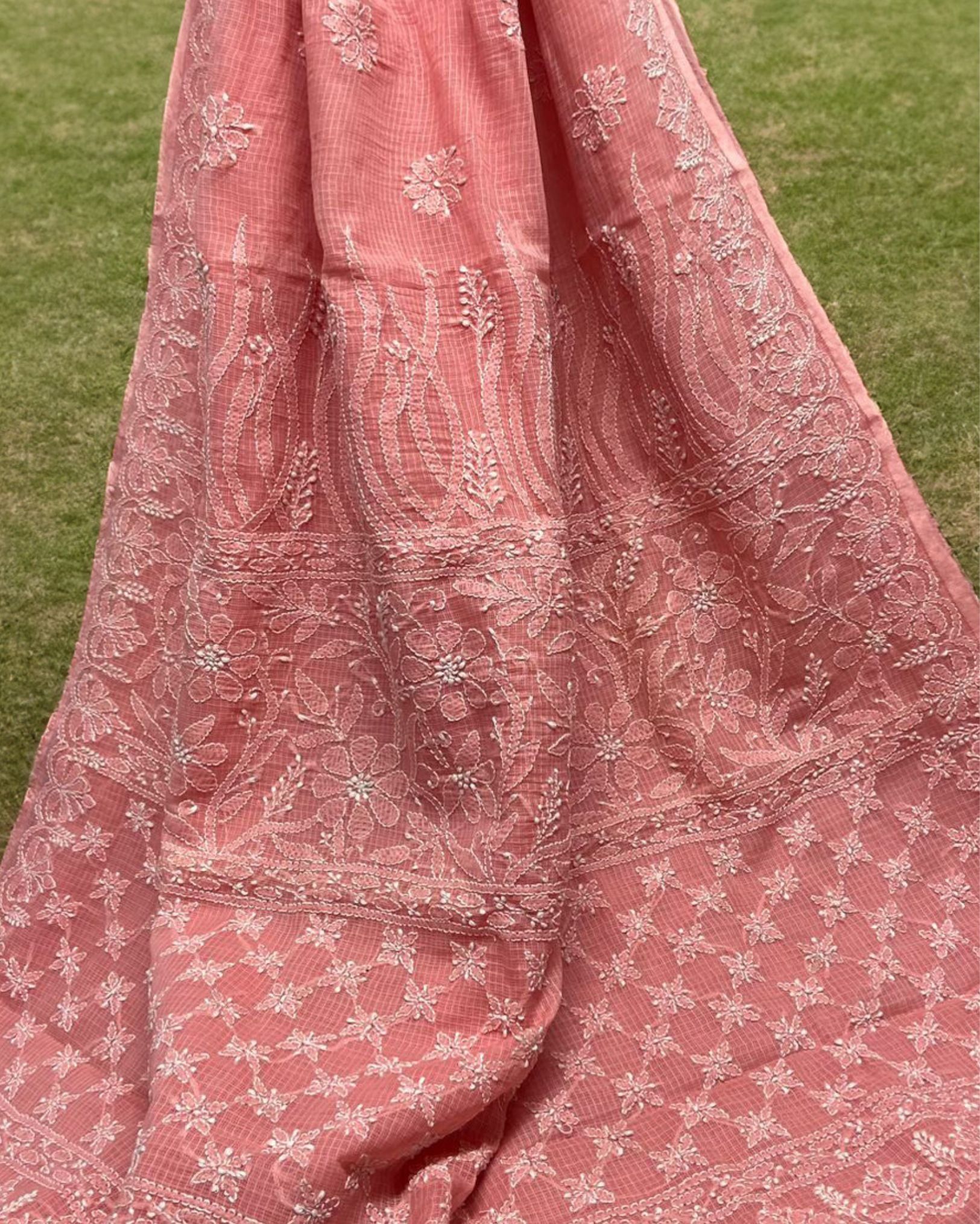 Rosy Chikankari Kota Doria Saree Peach Handcrafted