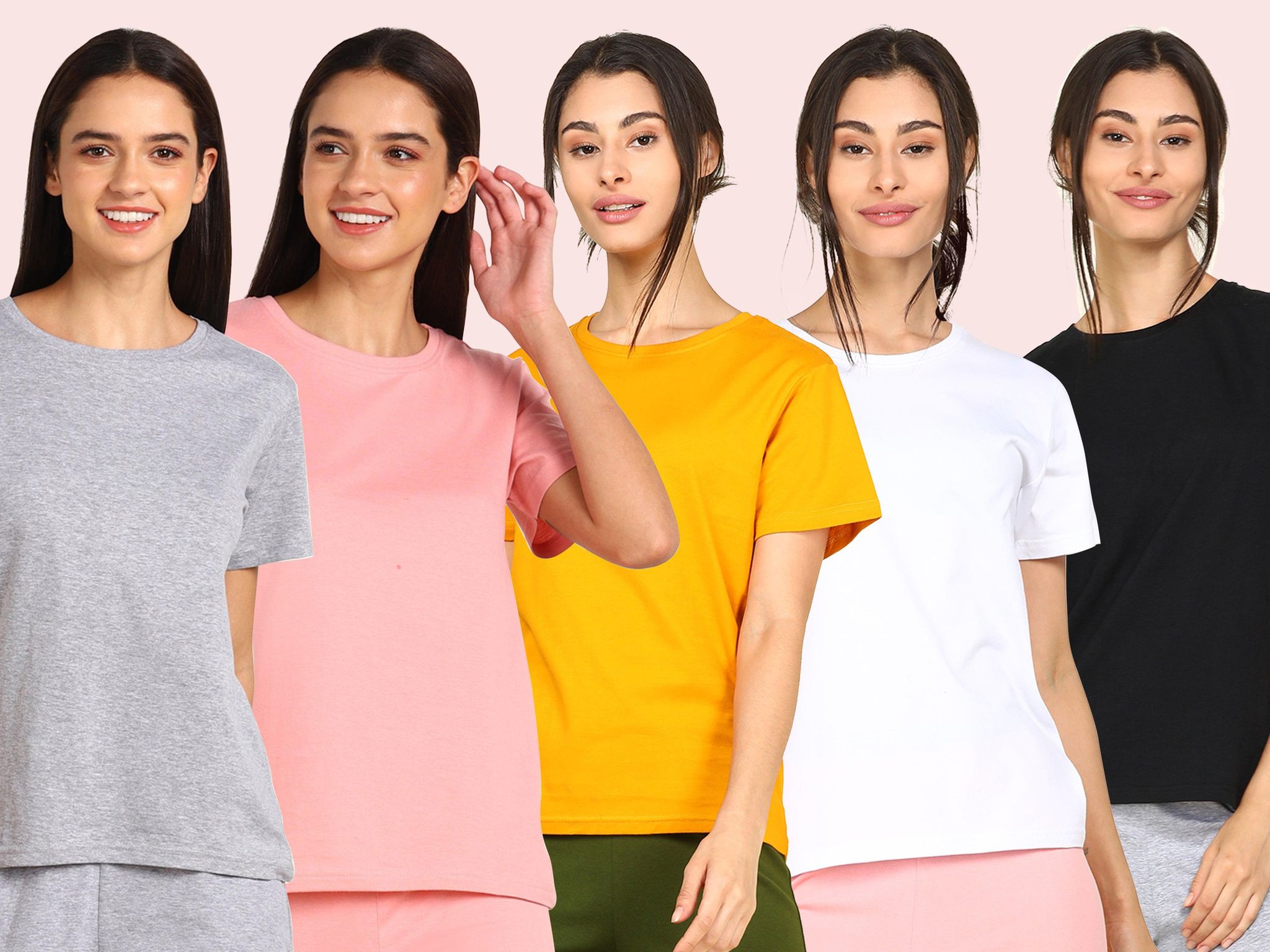 Young Trendz Womens Regular Fit Combo Solid Tshirt-S / Grey Pink Mustard White Black
