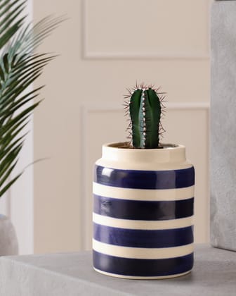 Small Striped Ceramic Vase - 4 x 5-White / Indigo / Ceramic / 4 x 5 Inches