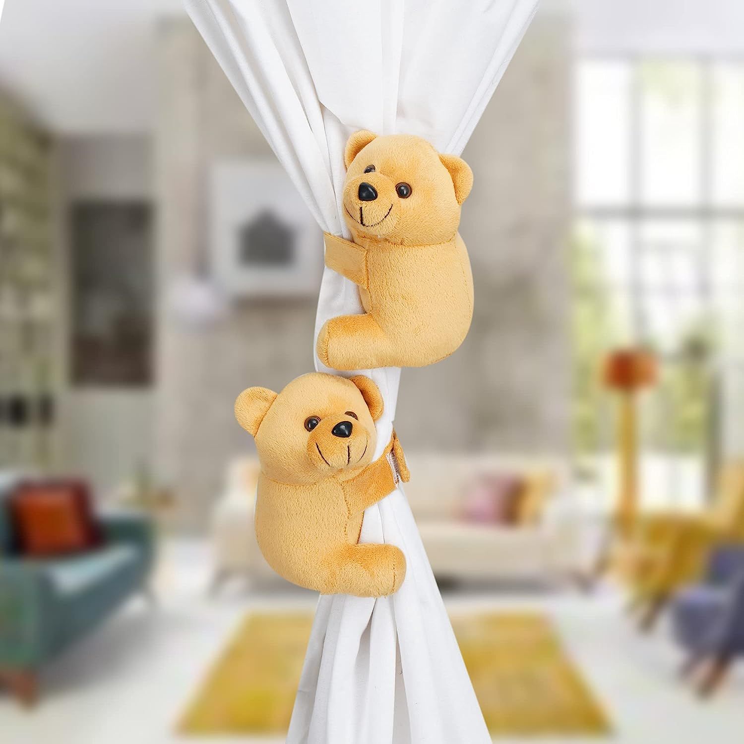 MM TOYS 4 Pcs Teddy Bear Soft Plush Toy Tieback Holdback Holder for Window Curtain Drapes Living Room Home Decoration Accessories for Children Pack of 2 - (5 X 6 Inch, Dark Brown)-Brown