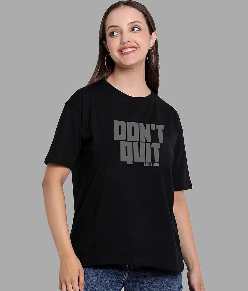 Leotude Women Polyester Printed Oversized Fit Round Neck T-Shirt ( Black )