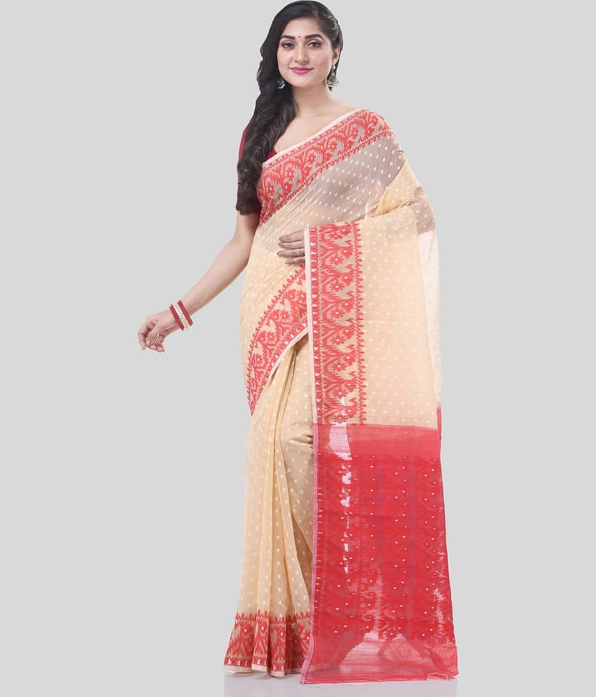 Desh Bidesh Cotton Self Design Saree Without Blouse Piece ( Cream )