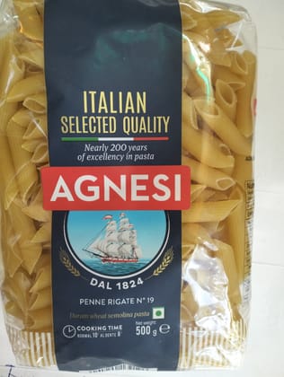 Italian Selected quality Nearly 200 years Of excellency in pasta Agnesi Dal 1824 Penne rigate n° 19 Durum wheat semolina pasta 