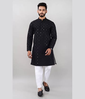 VILLAIN Silk Embroidered Regular Fit Kurta Pyjama Set For Men ( Black )
