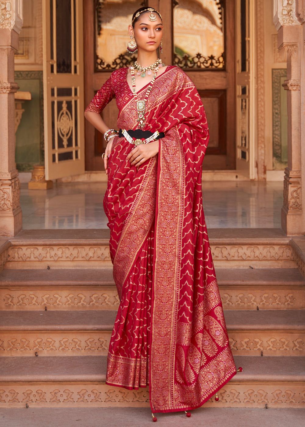 Royal Red Printed Banarasi Soft Silk Saree