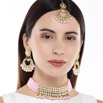 Pink Gold-Toned Kundan Beads Choker Jewellery Set
