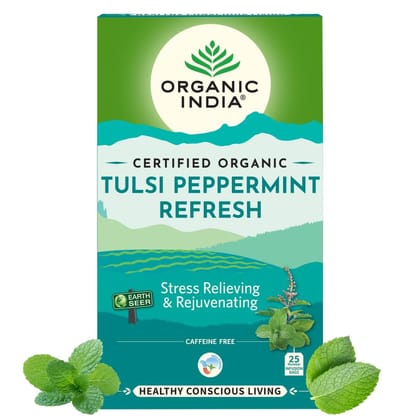 ORGANIC INDIA Tulsi Peppermint Refresh 25 Tea Bags || Stress Relieving & Rejuvenating || Feeling Refreshed || Tulsi Tea - 25 Tea Bags