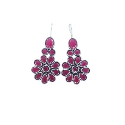 Ruby Red Gemstone Floral Oxidized Silver Dangle Earrings