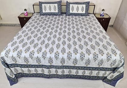Bedsheet Set with Pillow Covers, Floral Print Cotton,Mustard and Blue folower on Gold Touch Color, Super King Size 9 Feet X 9 Feet.