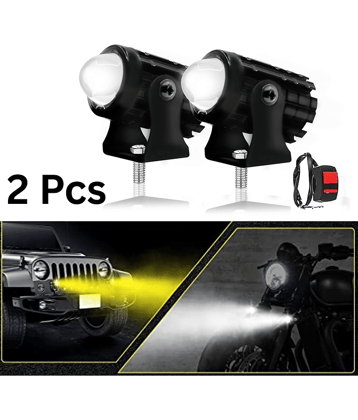 Aksmit (Set of 2 Pcs)  White & Yellow Mini Driving Fog Light Lamp Projector Lens Spotlight Led Motorcycle Headlight Dual Color Motorbike Lighting System (12 V, 36 W) With Switch, Battery Powered