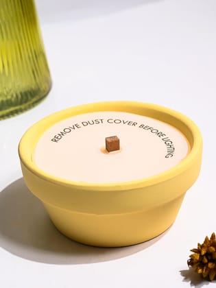 Pale Yellow Ceramic Pot Candle with Wooden Wick