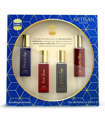 Ajmal Artisan Unisex Eau De Parfum Gift Set 4 x 20ml for Men & Women with Leather Noir, Oudh Smear, Patchouli Haze, Summer Sage Perfume|Long Lasting EDP Fragrance Scent