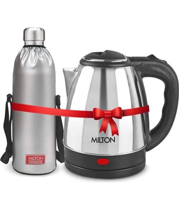 Milton Combo Set Go Electro 2 Ltrs Electric Kettle and Duo DLX 1.5 Ltrs- Silver Thermosteel Hot or Cold Stainless Steel Water Bottle