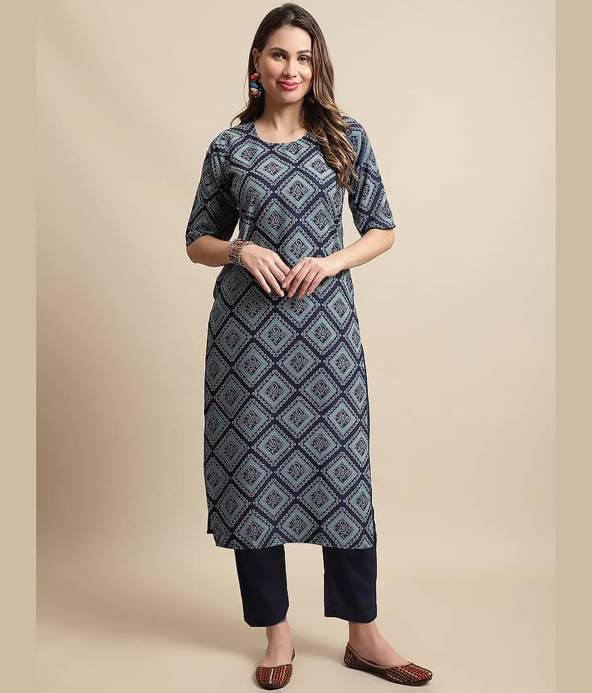 7Threads Crepe Printed Straight Women's Kurti - Blue ( Pack of 1 )
