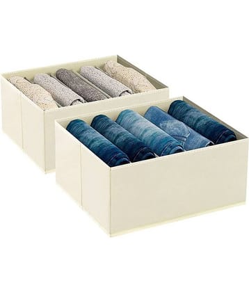 Non-Woven 5 Compartments Foldable Wardrobe Storage Organisers for Shirt, Denims, Pants, T-Shirt,Beige (2U)
