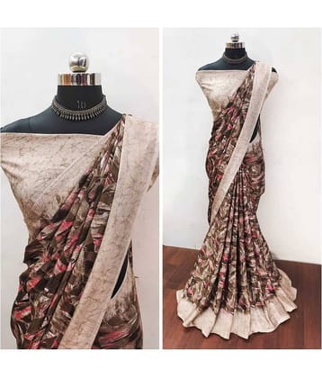 JIHANA FAB Chiffon Printed Saree With Unstitched Blouse Piece ( Brown )