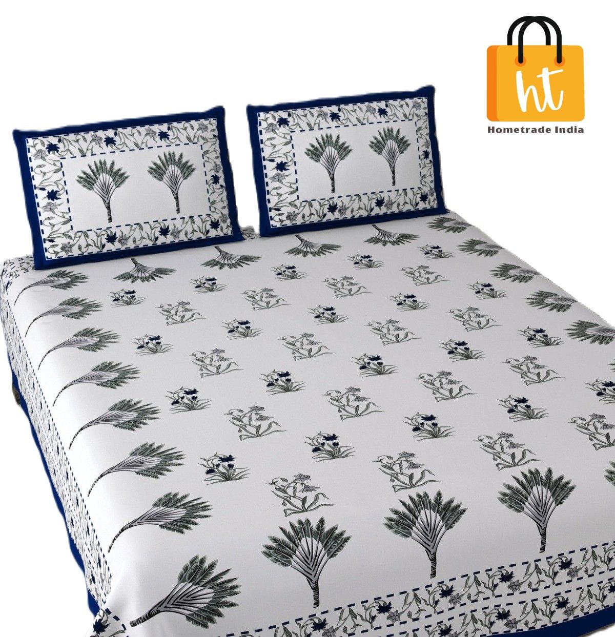 3001-Hometrade India-Standard King Size (90*108 Inches)-Pure Cotton Jaipuri Double Bedsheet With Matching Pillow Cover