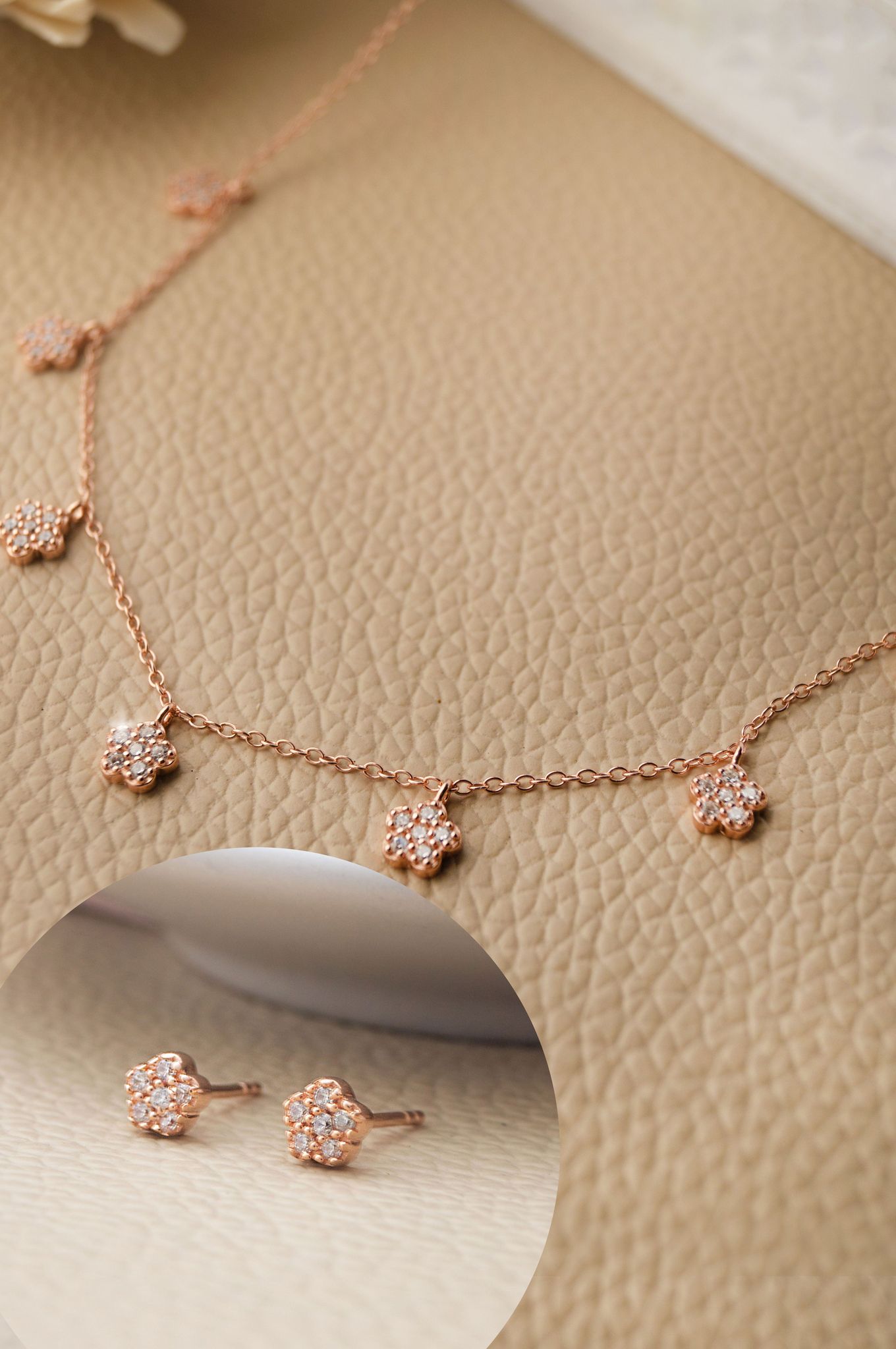 Happy Flower Rose Gold Plated Sterling Silver Necklace Set-Rose