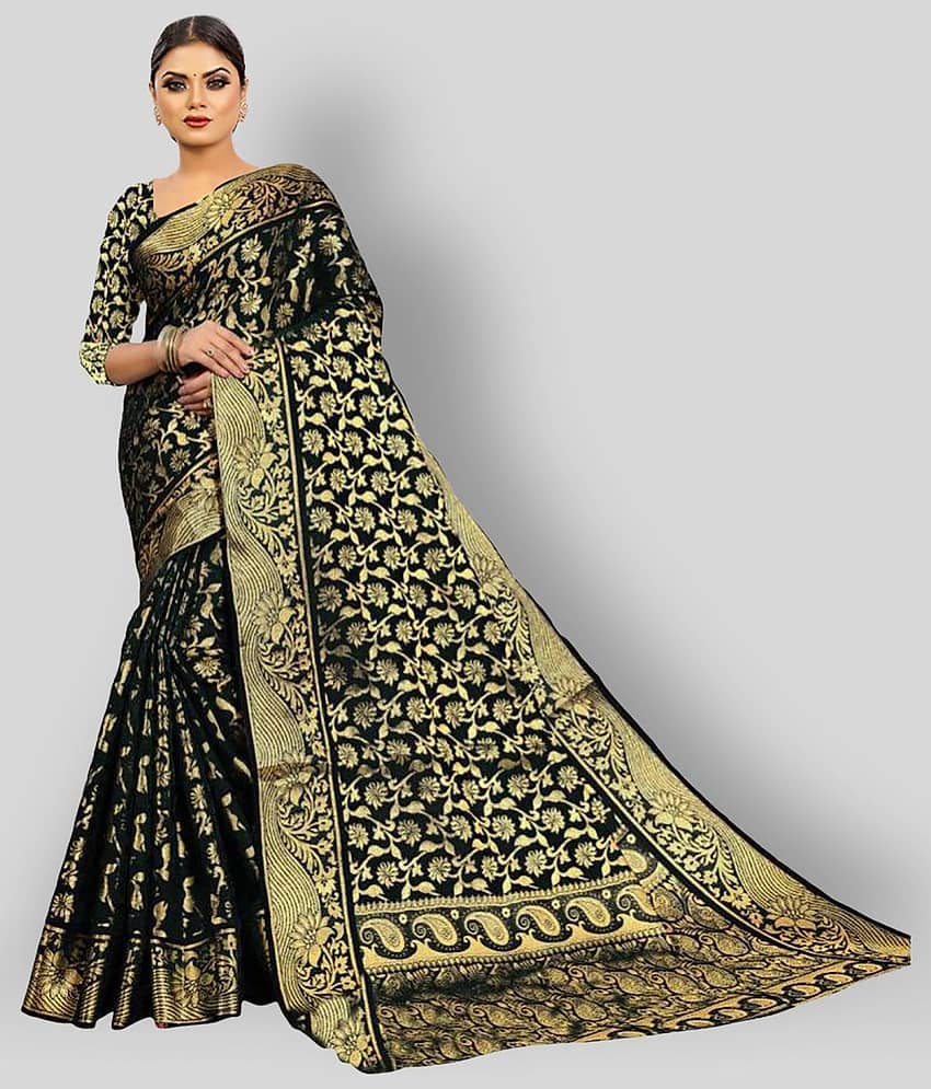 Gazal Fashions Banarasi Silk Saree With Unstitched Blouse Piece ( Black )