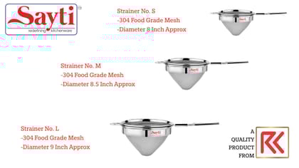 RK Sayti Stainless Steel Conical Strainer, 304 Grade Single Mesh, Premium Polish,Small, Medium,Large, Pack of 3