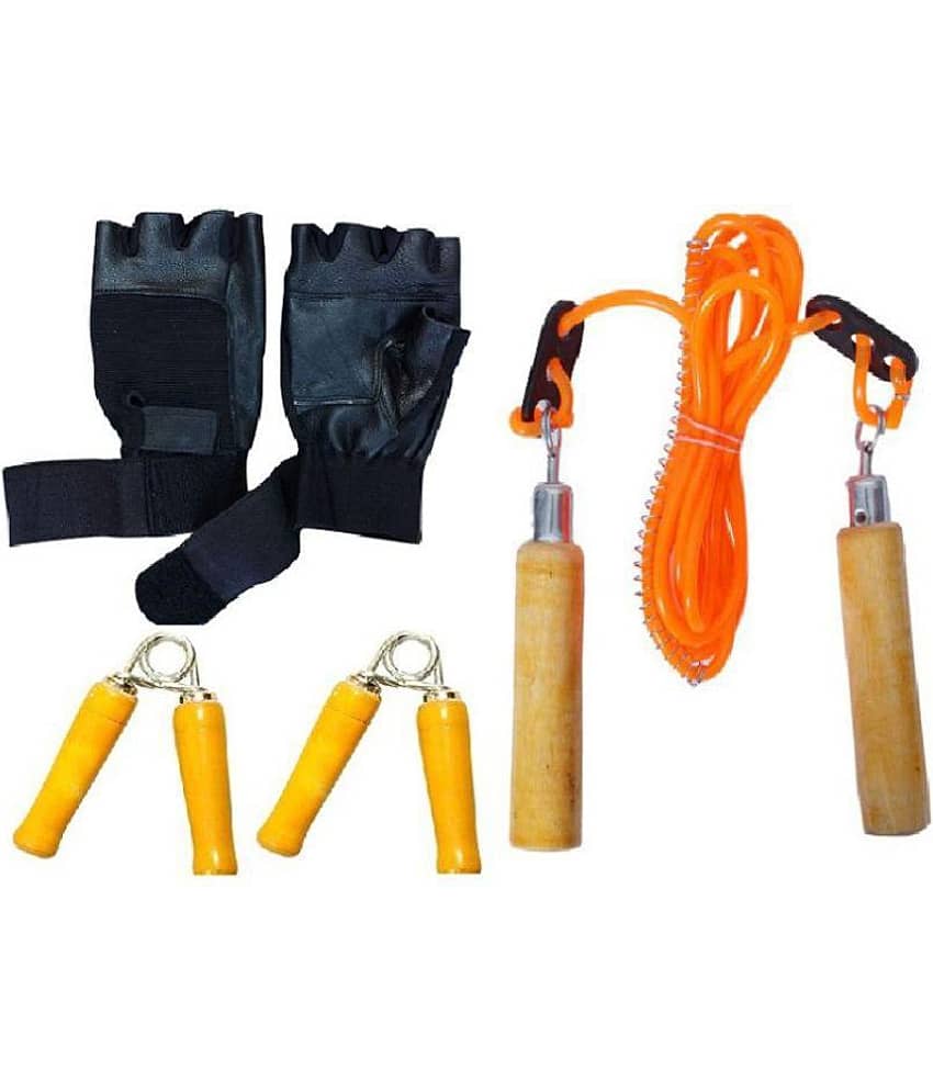Home gym accessories combo with Adjustable wooden skipping rope+pair of wooden handgrippers and multiutility black gloves with wrist support