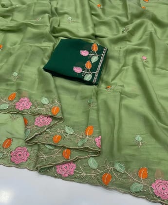 Star Georgette saree with embroidery work all over saree and beautiful  flower  design with cut work border