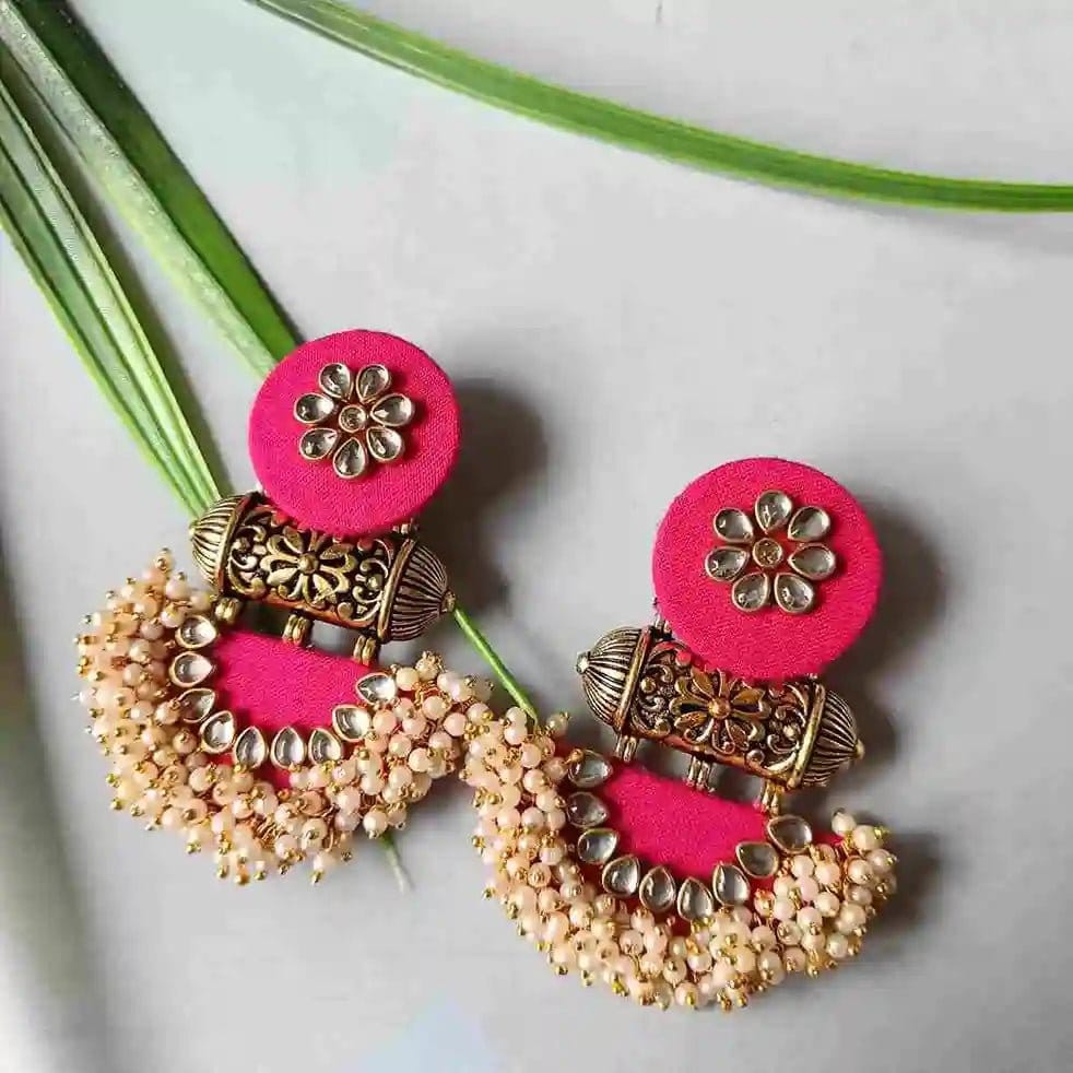 PINK FEBRIC JUMKHA EARRINGS WITH PEARLS AND STONES (PACK OF 1)