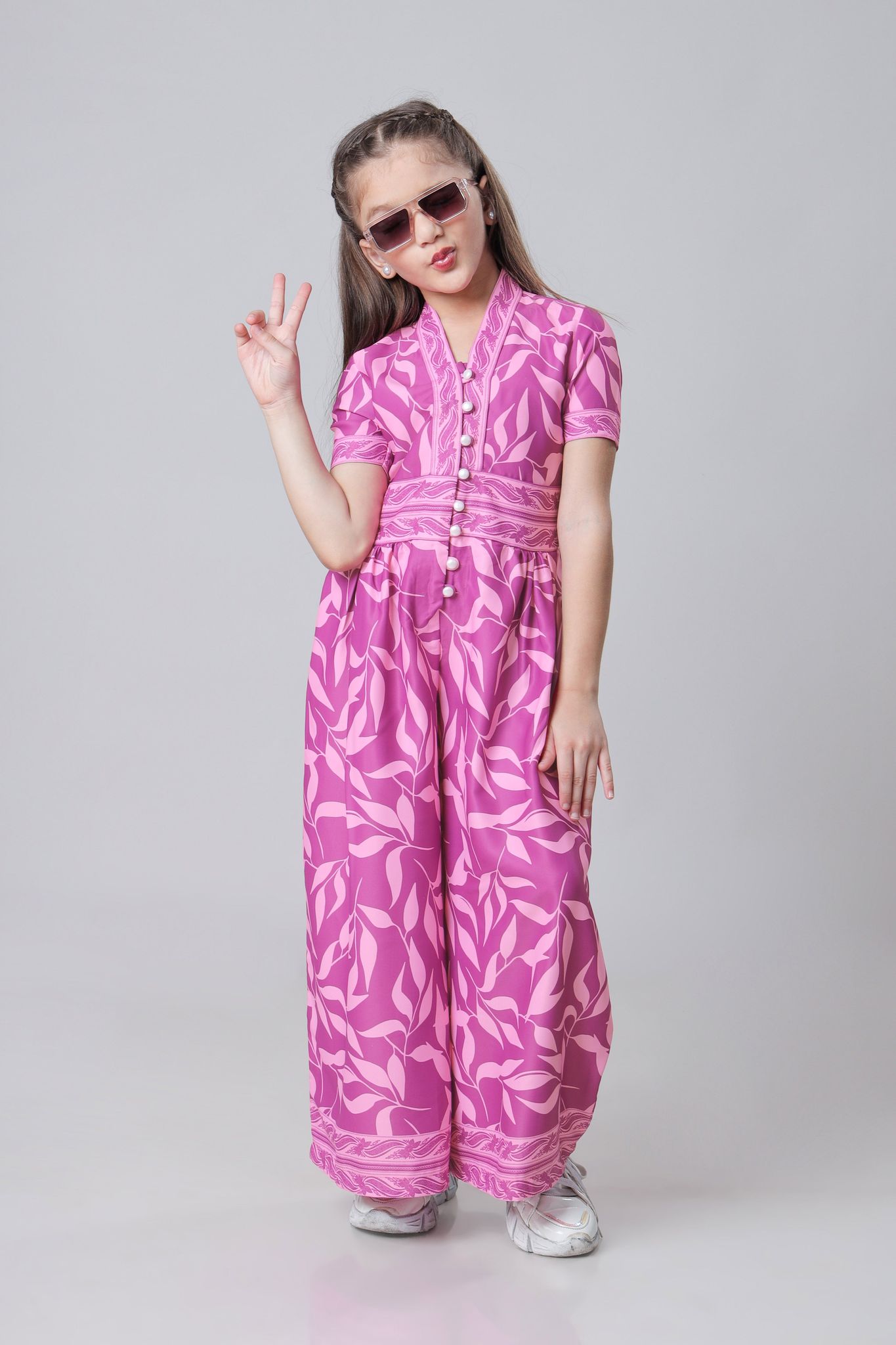 Seamless Floral Front Buttoned V Neck Wide Leg Jumpsuit For Girls-1 Year / Magenta Purple / KJP018-DPPS100102-2.5 MTR-NIL-NIL-NIL-NIL-THR012-FS001-NIL-BT0092-9-NIL-NIL