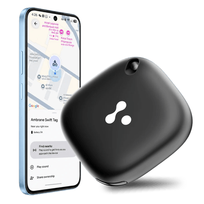 Ambrane Global Item Location Finder Tracker Compatible with Android & iOS, Smart Bluetooth GPS Locator for Keys, Bags & Wallets (Color May Vary)